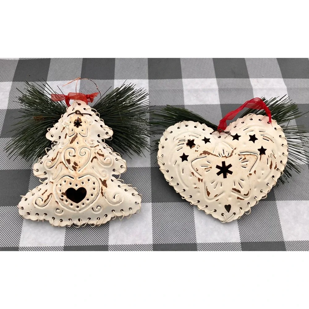 Hanna's Handiworks Christmas Ornaments Cream Rustic Metal Distressed Set of 2